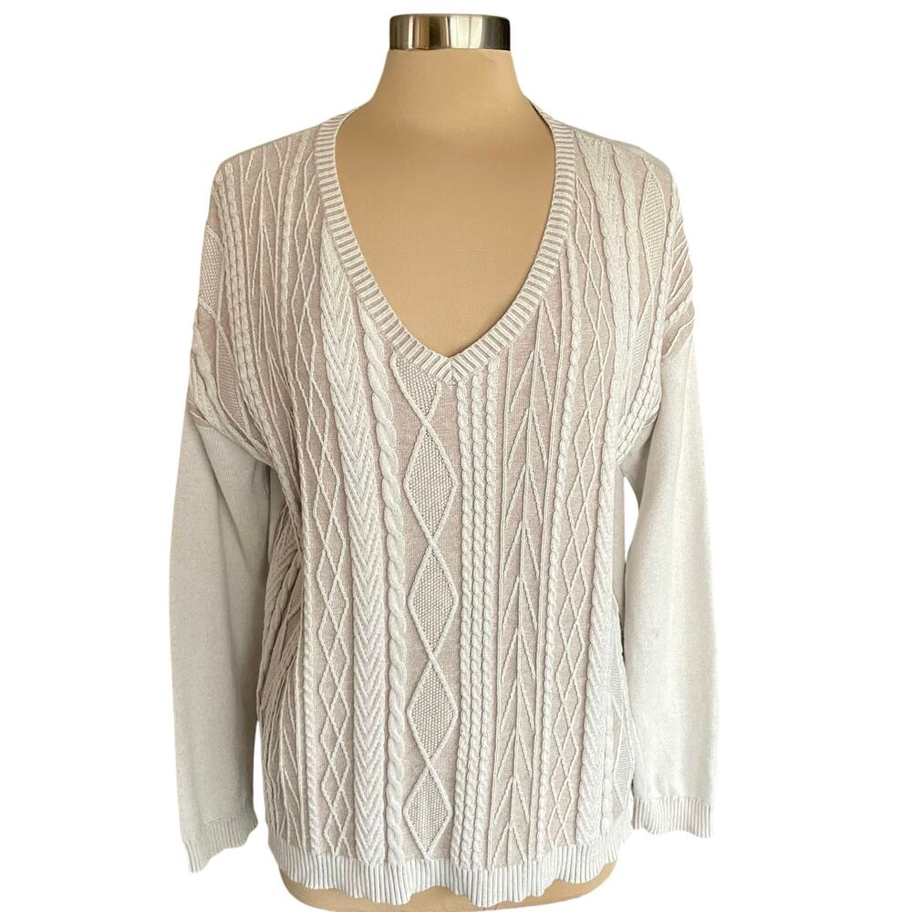 Woolrich Beige Multi-Texural Knit Fisherman's‎ Sweater Women LARGE V-neck (flaw)